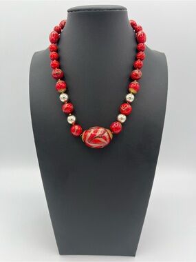 Vintage Signed Miriam Haskell Red Art Glass & Copper Foil Choker Necklace
